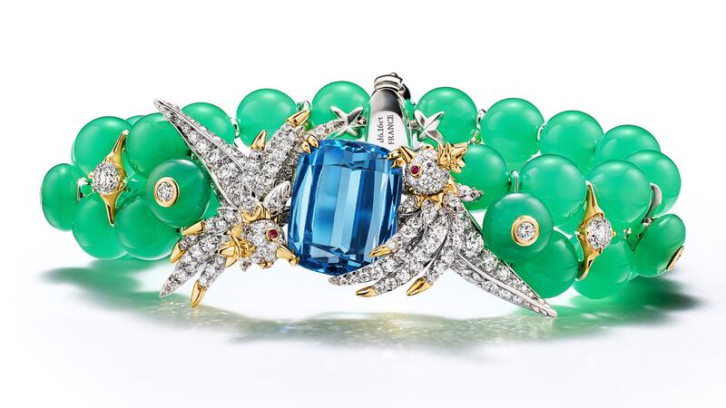 The coordinating “Bird on a Rock” bracelet also uses chrysoprase beads as the band, accented by diamonds in 18-karat yellow gold. Here, the birds are perched on a 9.53-carat cushion-cut aquamarine (price upon request) Tiffany & Co. Blue Book 2026: Hidden Garden Bird on a Rock Aquamarine and Chrysoprase Bracelet
